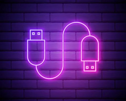 Usb cable neon icon. Elements of computer hardware set. Simple icon for websi Stock Illustration