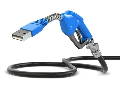 USB cable plug and gas pump nozzle. USB cable plug and gas pump nozzle. 3d... Stock Photos