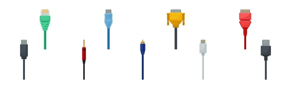 USB Cable Plugs Isolated on White Background Vector Set Stock Illustration