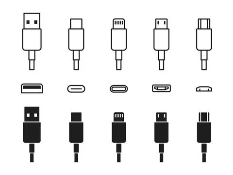 USB cable port icon set. USB type C, A, lightning and micro-usb mobile phon.. Stock Illustration
