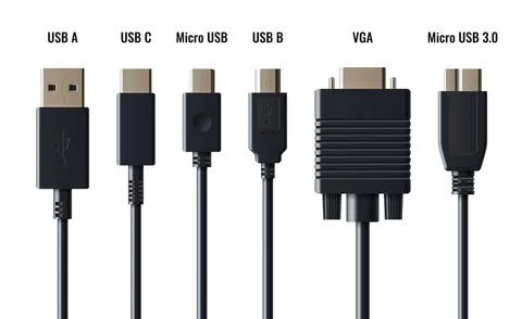 USB cable set with multiple connector types Stock Illustration