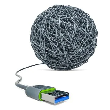 USB cable in tangled skein. 3D rendering Illustrazione stock