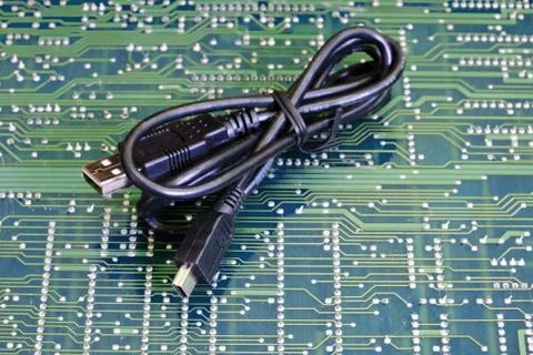 Usb cable wire against electronic circuit board Stock Photos