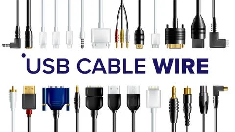 USB Cable Wire Set Vector. Mobile Cellphone Plug, Recharger Accessories, Micro Stock Illustration