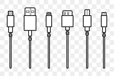 USB cables icons. Lightning micro usb types for smartphone connector plugs. Stock Illustration