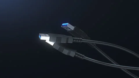 USB Cables Turning on Black Background Loop 3d Animation. USB Plugs and Network Stock Footage 310629069