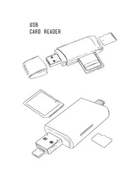 USB card reader , , hand draw sketch vector. Stock Illustration