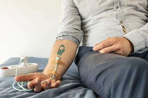 USB charging cable connected to hand like a drip.  스톡 사진