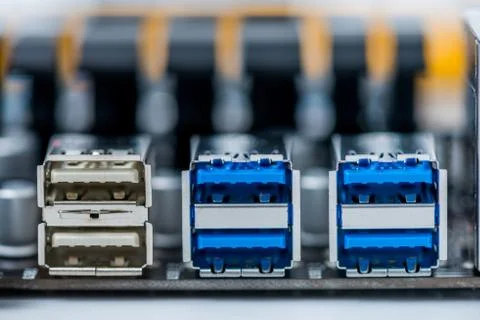 Usb connectors at rear panel of computer Foto stock