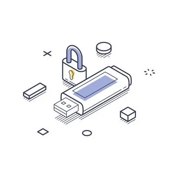USB drive secured by a padlock, highlighting themes of data protection and se Illustrazione stock
