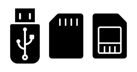 USB Flash Drive and Memory Card Icons in Black and White Style Stock Illustration