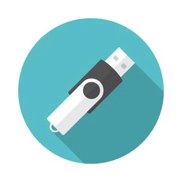 USB flash drive circle icon with long shadow. Flat design style. Illustrazione stock