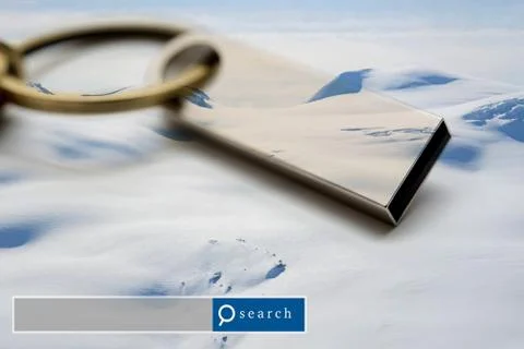 USB Flash Drive double exposure with snow mountain with search engine graphic Stock Photos