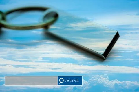 USB Flash Drive double exposure with blue sky with search engine graphic Stock Photos