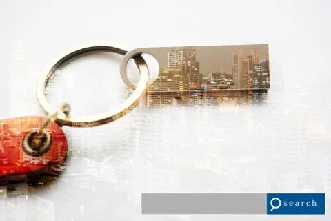 USB Flash Drive double exposure with city light with search engine graphic Stock Photos