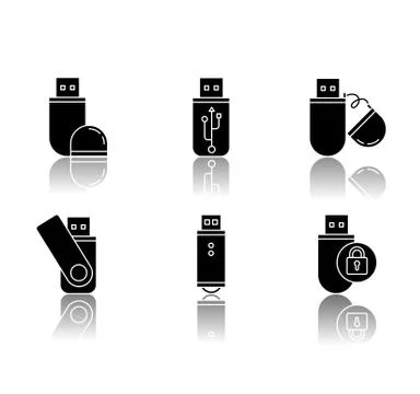 USB flash drive drop shadow black glyph icons set. Compact data storage device 스톡 일러스트