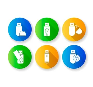 USB flash drive flat design long shadow glyph icons set. Data storage device Illustrazione stock