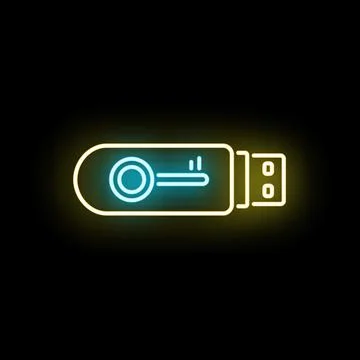Usb flash drive icon with key protection glowing neon 스톡 일러스트