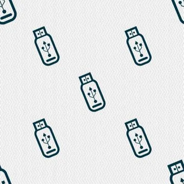 Usb flash drive icon sign. Seamless pattern with geometric texture. Stock Illustration