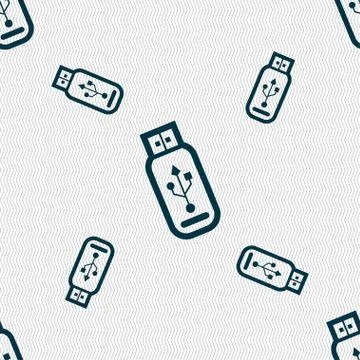 Usb flash drive icon sign. Seamless pattern with geometric texture. Stock Illustration
