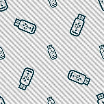 Usb flash drive icon sign. Seamless pattern with geometric texture. Stock Illustration