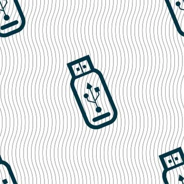 Usb flash drive icon sign. Seamless pattern with geometric texture. Stock Illustration