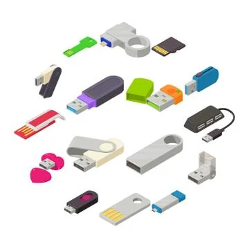 USB flash drive icons set, isometric style Illustrazione stock