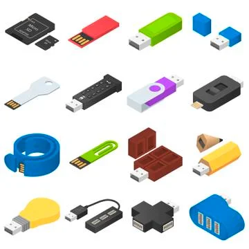 USB flash drive icons set, isometric style Stock Illustration