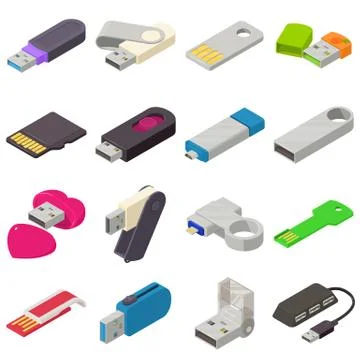 USB flash drive icons set, isometric style Stock Illustration