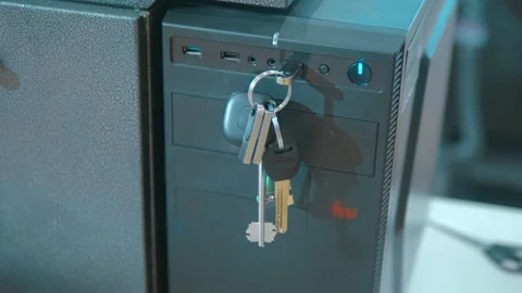 USB flash drive with keychain on the computer Stock Footage 340626632