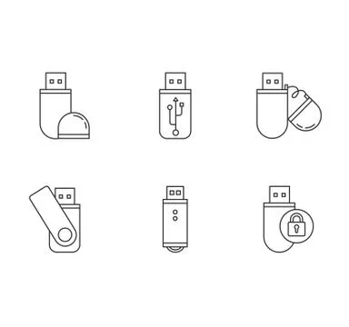 USB flash drive pixel perfect linear icons set. Compact data storage device Stock Illustration