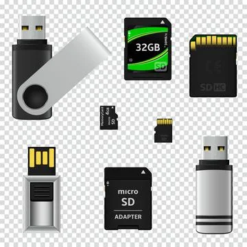 USB flash drives and memory cards isolated on transparent background イラスト素材