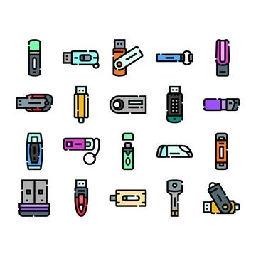 Usb flash drives collection for data storage and technology Illustrazione stock
