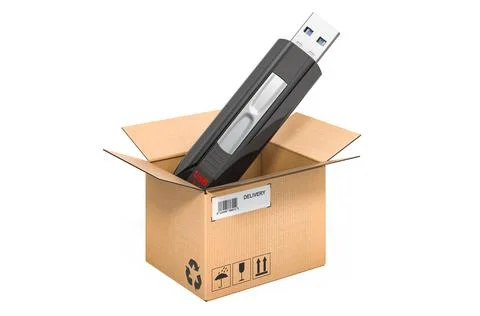 USB flash inside cardboard box, delivery concept. 3D rendering 스톡 일러스트