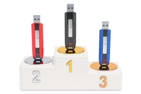 USB flash ratings concept. Winners podium with usb flash drives, 3D rendering Stock Illustration