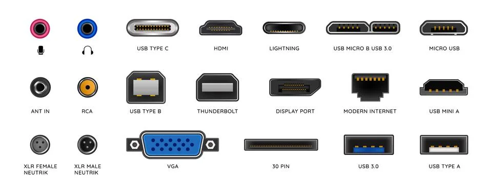 USB hand drawn MI. Type C connector. Computer cord. PC display port. TV or DV 库存插图