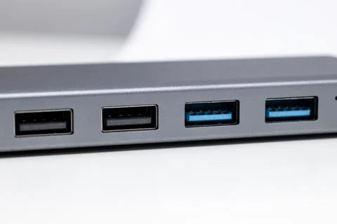 USB hub, docking station for USB 2.0, 3.0, USB ports close-up Stock Photos