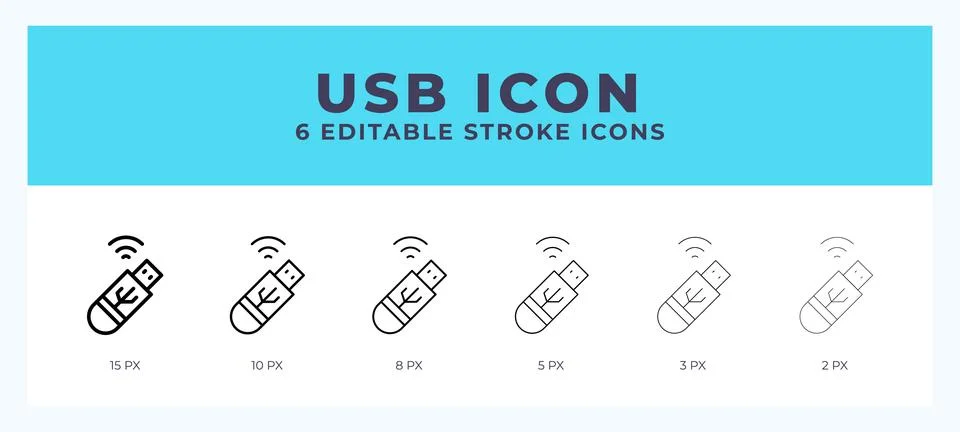 Usb icon set with different stroke. Vector illustration with editable stroke. Stock Illustration
