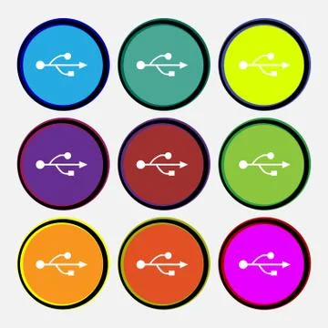 USB icon sign. Nine multi colored round buttons. Vector 스톡 일러스트