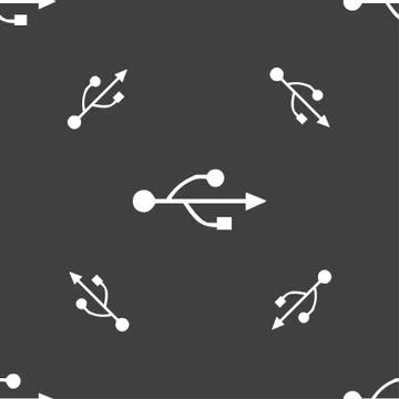 USB icon sign. Seamless pattern on a gray background. Vector Illustrazione stock