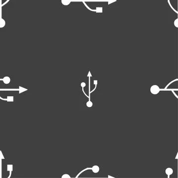 USB icon sign. Seamless pattern on a gray background. Stock Illustration