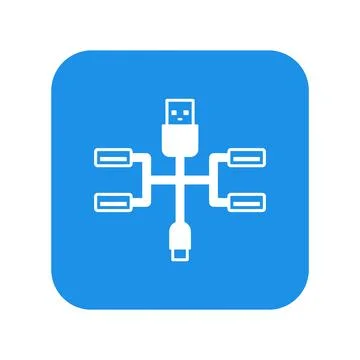 USB multi connection hub icon on blue background for hardware device port m.. Illustrazione stock