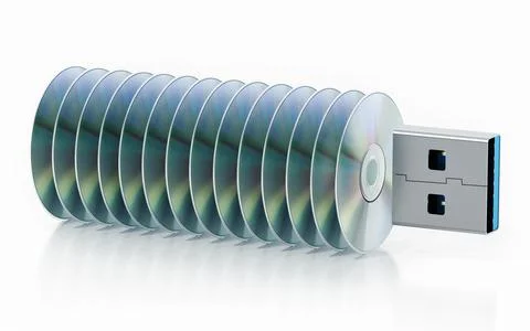 USB pen drive with stacked discs isolated on white background. 3D illustratio イラスト素材