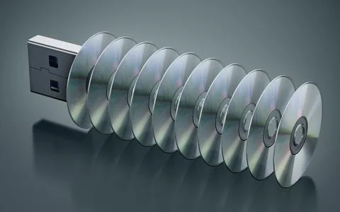 USB pen drive with stacked discs isolated on black background. 3D illustratio 库存插图