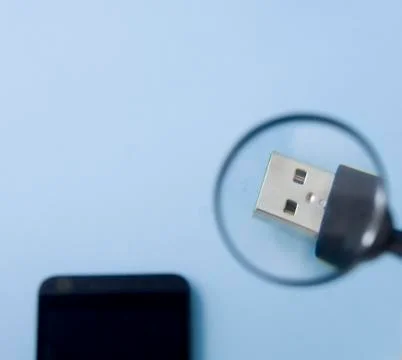 USB plug under magnifier in flat lay style, mobile phone at the bottom on lig Stock Photos