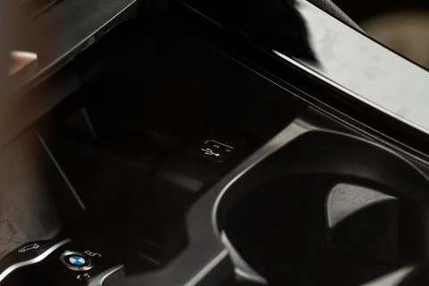 USB port in the car panel close up. Car interior detail. Car usb charger deta Stock Photos