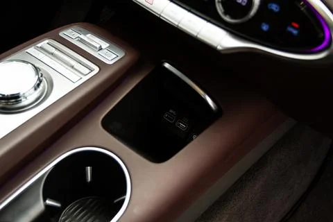 USB port in the car panel close up. Car interior detail. Car usb charger deta Stock Photos