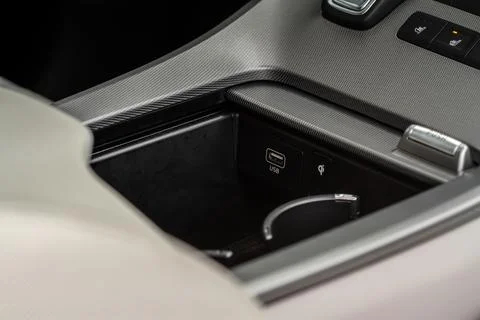 USB port in the car panel close up. Car interior detail. Car usb charger deta Stock Photos
