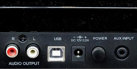 USB, RCA &amp; Aux Input Hi-Fi Sockets Stock Photos