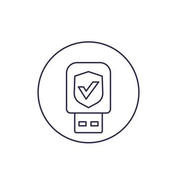 Usb stick, data protection, security key vector line icon on white Stock Illustration